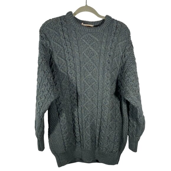 Vintage Sweaters Of Ireland Merino Wool Cable Knit Sweater green chunky heavy cr - Picture 1 of 7